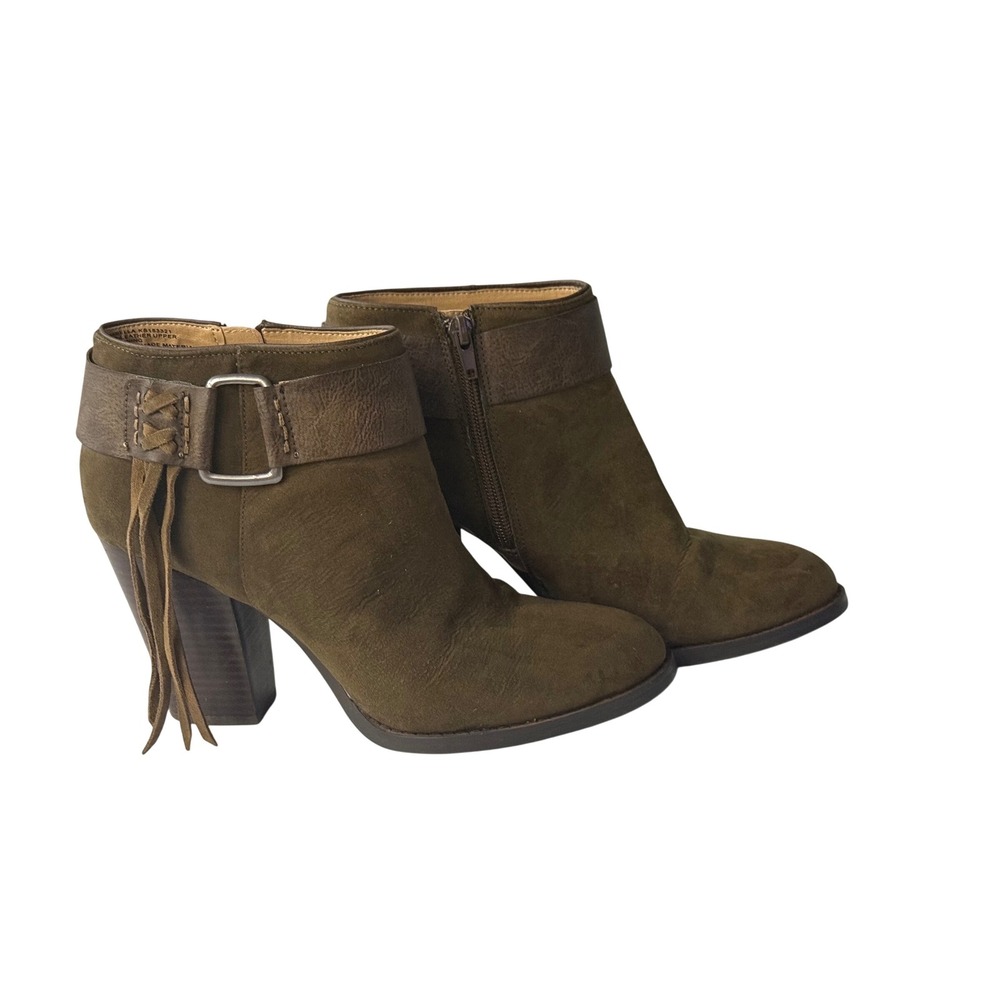 Kensie Masola Olive Green Leather Fringe Ankle Boots Womens Heel 4in Sz 8.5